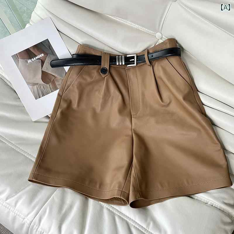 バミューダ パンツ 秋冬 革 綿 シープスキン 五 分 ズボン 女性 高 腰広 脚 カジュアル 欧米 品
