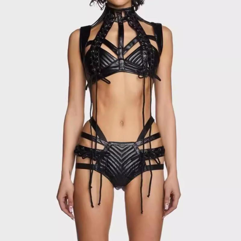 レディース ゴシック 夏用 レザー キャミソール コルセット 透け感 ショーツ トップス セクシー セット ファッション コーデ