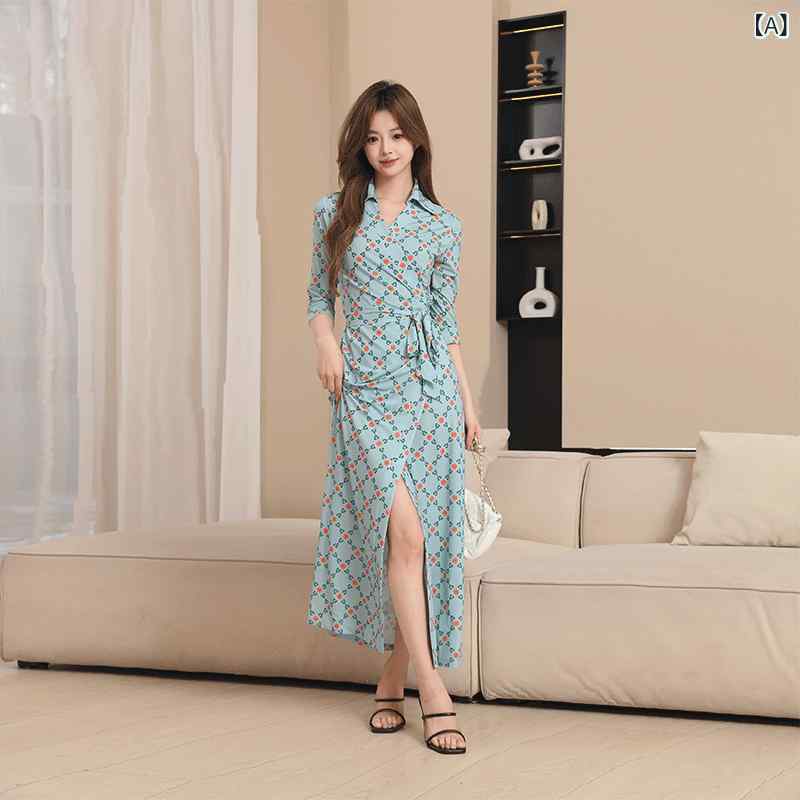 欧 律の 服装の 夏の 婦人服の 新型は 襟を ひっくり返して フォーク のを 開いて 身を 修めて 着けて 身の 長い スカートの 砕けた 花の ワンピースを 現します。