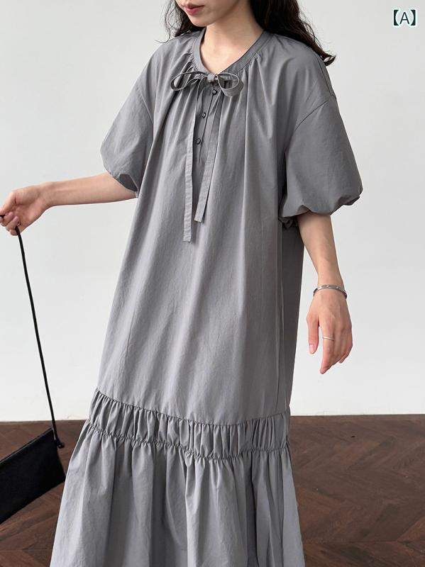 Lushi 韓国 ストラップパフスリーブバドロングスカート 夏の スリムパッチワークプリーツドレス 9752