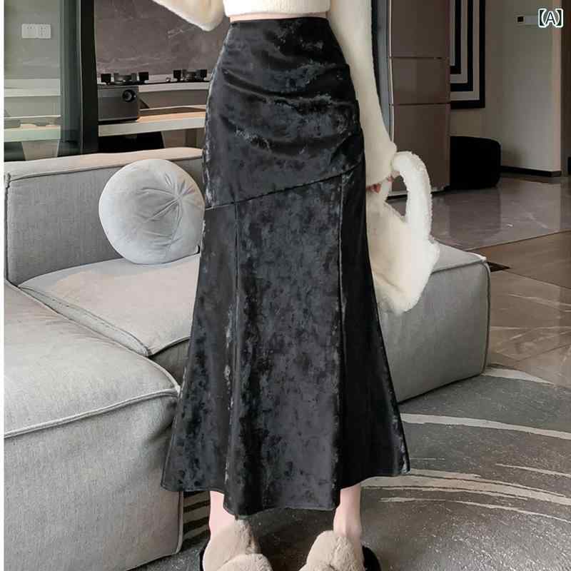 新 中国式の 黒い ロング タイプの シルクの スカートの 女性 春秋型の 国 a 字は 尻の 魚の 尾の スカートを 包みます。