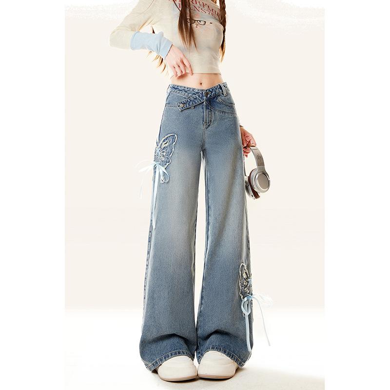 ジーンズ レディース 大きいサイズ ワイドパンツ デニム パンツ ジーパン 長ズボン ハイウエスト ストレート 体型カバー 着痩せ 細見え ゆったり 刺しゅう 青 ブルー レトロ 春夏 秋 ボトムス 普段使い カジュアル｜ホープ