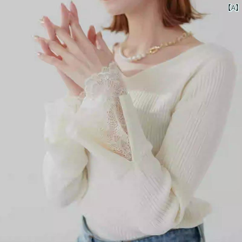 【 慧 琳】 早春 日本 v ネックの 透かし 彫り ニットが 痩せて いる レースの 底の シャツ 女性 25 AB 003