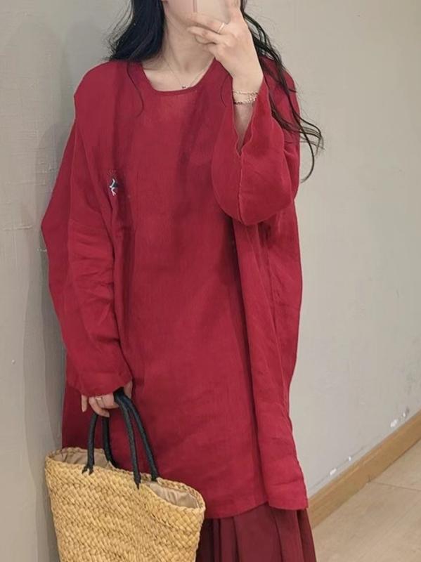 ティーシャツ レディース 春夏 麻原料品 ゆったり影ぼうし 丸首 ティーシャツ 中国 両側レコード盤名取り草 傍え細長い切口 中長丈 ルーズフィット 通気性 軽さ 心地好い表現スタイル