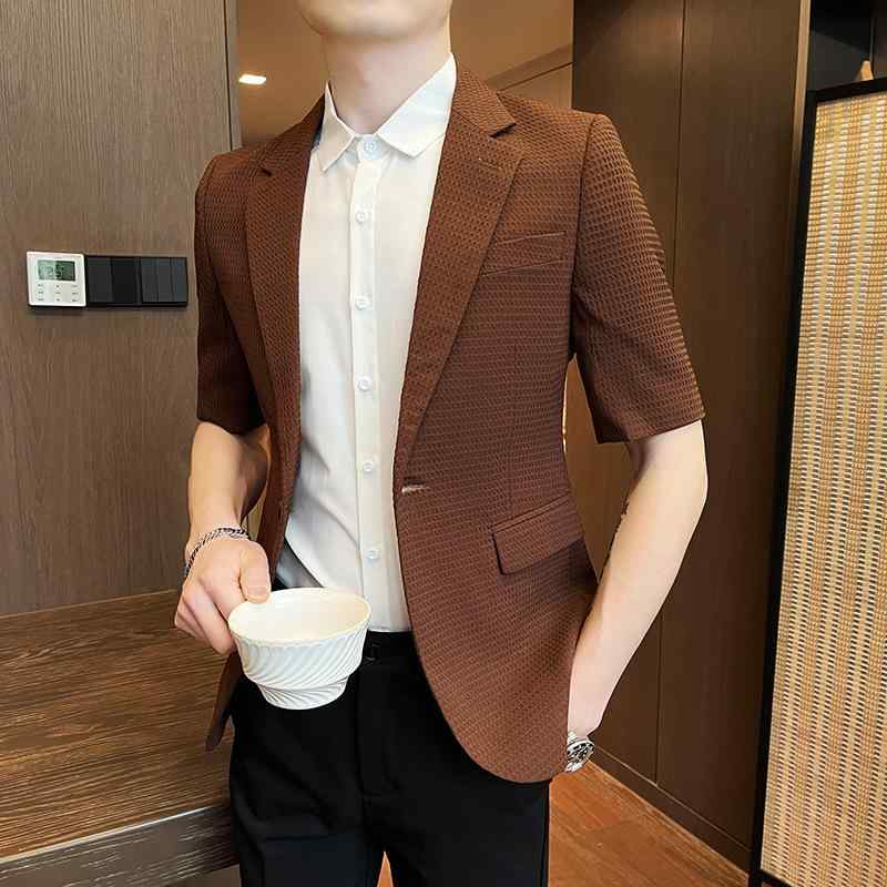 メンズ 背広 仕かける 短袖 夏用 透け透け ワーヘル透かし彫り 御膳上等感 心地よい か細い嵌まる 軽さ 通気性 韓国表現スタイル 流行り 商行為心地よい 普段使い走り 吸湿速乾 ポリエステル混 今めかしい 今めかしい 嵌まる感 好いたらしい クールビズ スーツ-スーツ・セットアップ