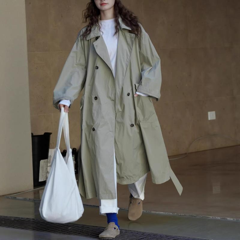 レディース 春 トレンチコート ロング丈 ラペル襟 大型衣嚢 ルーズシルエット 軽さ 心地よい 日常使い走り アウター トップス 厚地の外套