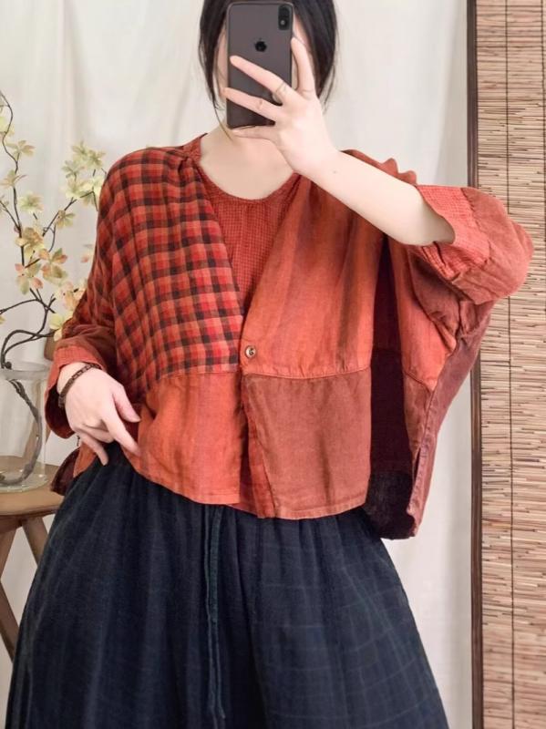 プルオーバー レディース 春夏 リネン ビンテージ 読み合わせる柄 ゆったり ビッグ影ぼうし フェイクツーピース 遊撃手丈 薄っぺら 心地よい 軽さ 吸湿速乾 合わせ分かりやすい