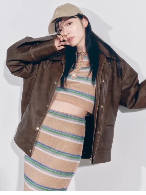 ジャケット レディース 秋服 ライダースジャケット フェイクレザー 合成皮革 アウター トップス 長袖 羽織り 襟付き 折り襟 マロンカラー ブラウン系 チョコレート色 レトロ カジュアル シンプル ストリート モード系 かっこいい 渋い おしゃれ 防寒|ホープ