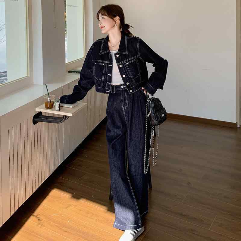 セットアップ レディース デニム カジュアル 上下セット 2点セット 春秋 紺色 ブルー系 高級感 港 おしゃれ ジャケット ワイドパンツ ゆったり 体型カバー 着痩せ 細見え 大きいサイズ 普段着 通勤用 アウトドア お出かけ 伸縮性 快適 高見え |ホープ
