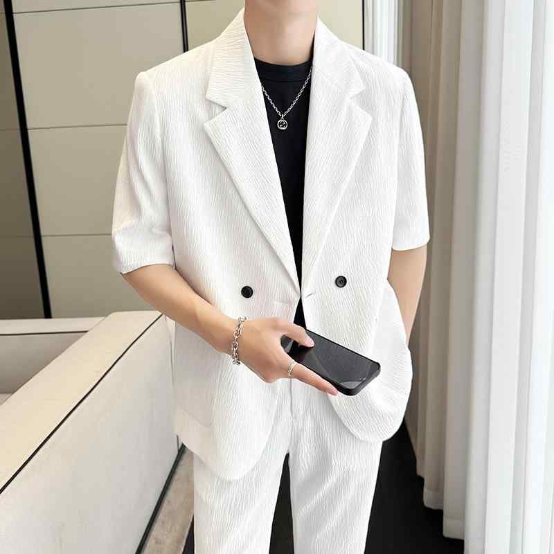背広 メンズ 夏用 人付き合い冷感 短袖 ゆったり 心地好い 引っ切りない ワイドレッグパンツ 仕掛ける ルーズフィット 軽さ 吸湿速乾 通い 普段使い スーツ-スーツ・セットアップ