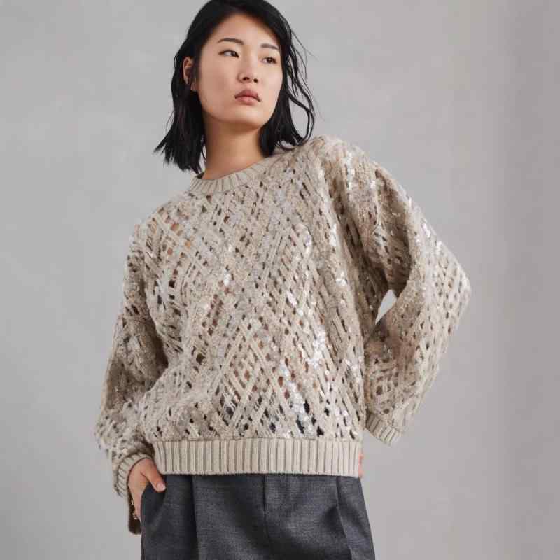 編み物スウェーター レディース 春夏 長袖 ティーシャツ カシミール混 ビーズ刺しゅう 対比色合い 透け青写真 カクテルドレスルー 輝く部分品 ホンブルグ帽原料品 軽さ 優しいこと トップス