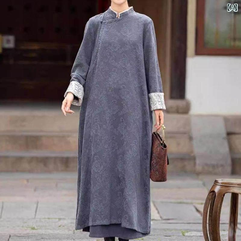 レディース 瀬戸もの御召しもの ロング衣装 ヴィンテージ ボヘミアン 綿織物 リネン ジャカード 刺しゅう 照明ランプ色つや 対照色つや ゆったり 秋