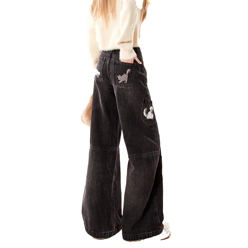 レディース ジーンズズボン下 猫刺しゅう ビンテージ産業 ストレートワイドレッグ ゆったり 小っちゃい相応う 秋冬 心地よい 綿織物混 伸ばすこと 自然的色合い 普段使い走り 軽さ 吸湿速乾