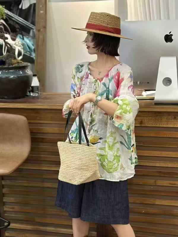 レディース 夏 カラムシ トップ ゆったり レトロ 花柄 刷り上げる UVとり捨てる 軽さ 薄っぺら 着痩せ 伸び伸びする 心地好い トップス 麻原材料 吸湿速乾 防 通い 普段使い走り アウトドア