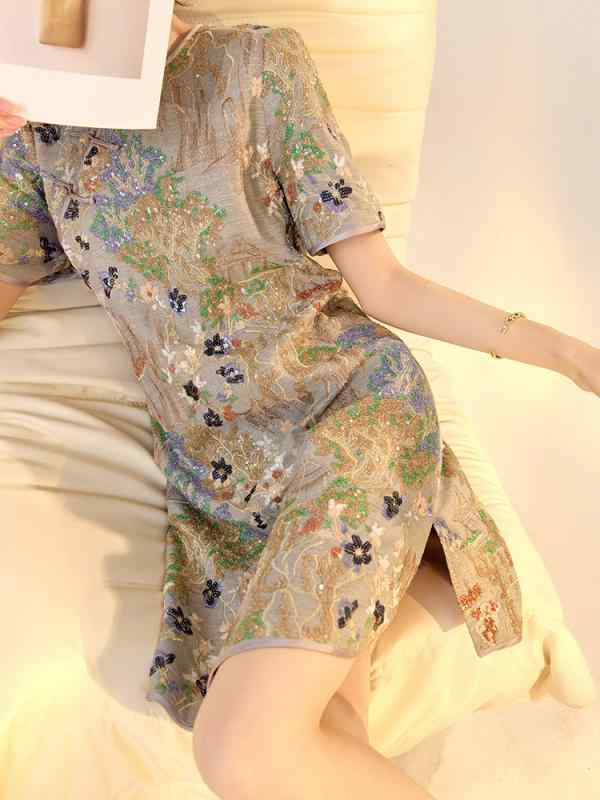 衣裳 レディース 春夏中式 瀬戸もの御召しもの 瀬戸もの ミモレ丈 ロング丈 A伝達ルート 五分袖 半袖 花柄 花刺・墸 刺しゅう スパンコール キラキラ うつり変わり ギャザー レトロ 今めかしい 古典派音楽 アジアンテイスト 女子らしい ガーリー 成年者愛くるしい