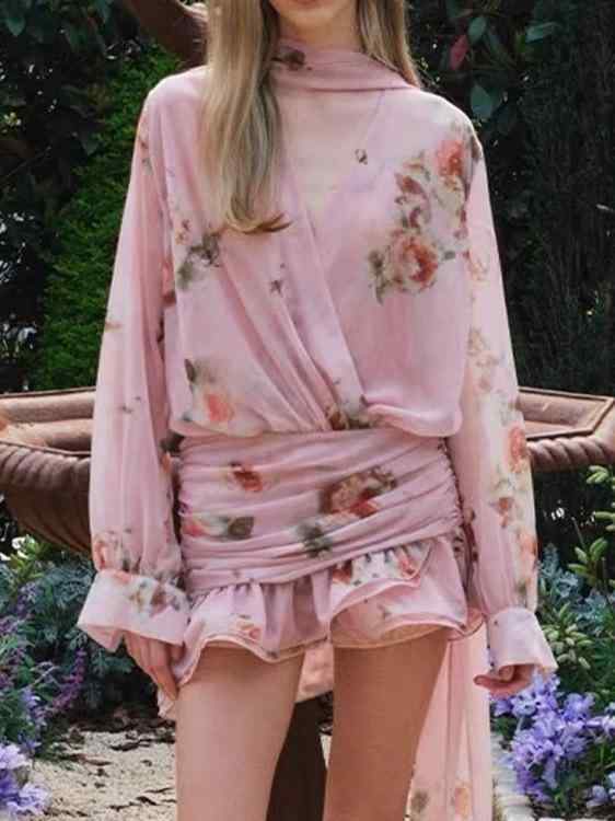 レディース シュロの葉 花柄 刷り上げる Vのど首 長袖 トップ ミニスカート さる股引き 書き割り 愛くるしい 心地よい 普段使い走り 軽さ 伸縮性 通い 会う約束 トップス ボトムス 座標