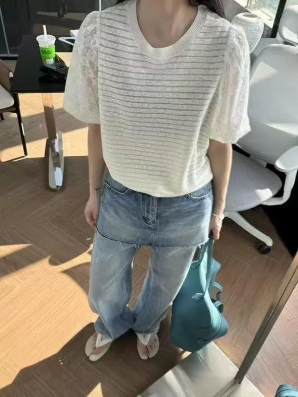 トップス レディース 半袖 Tシャツ ラウンドネック 切り替え 提花 メッシュ パフスリーブ ニットソー ゆったり 大きいサイズ 体型カバー 着痩せ 細見え 二の腕カバー 通勤用 普段使い カジュアル きれいめ 無地 高級感 おしゃれ 通気性 柔らかい ｜ホープ