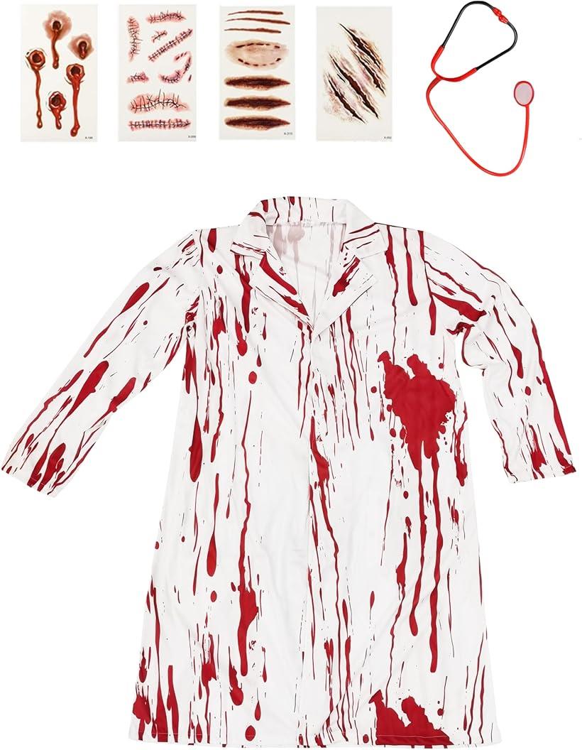 【楽天ランキング1位入賞】ゾンビドクター 医者 血まみれ ハロウィン コスチューム 制服 ＋ 聴診器 傷シール 3点セット メンズ フリーサイズ S744(ホワイト/レッド, Free Size)画像