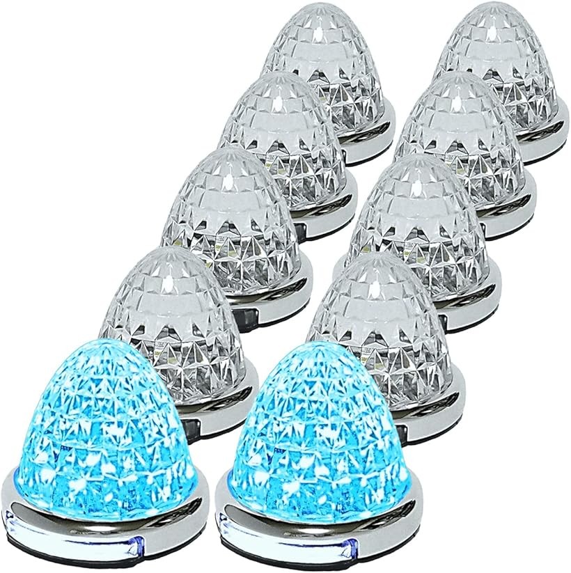 互換品 カスタマイズ 12V 24V トラック用 LED マーカーランプ 路肩灯機能付 サイド メッキリング 5面クリスタルカット仕様 22LED 汎用 (ブルー, 10個セット)|ホリック