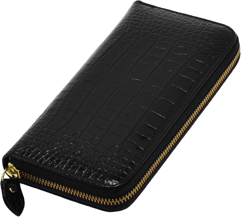 クロコダイル 長財布 型押し 牛革 メンズ レディース シャイニーブラック (シャイニーブラック)