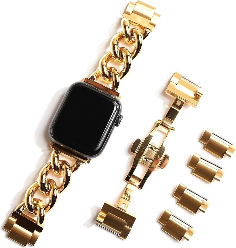 AppleWatch用 チャンキー チェーンベルト シルバー/ステンレス 工具不要 バタフライバックル 44mm 45mm 46mm 49mm ゴールド (ゴールド, 44mm 45mm 46mm 49mm) 5,356円