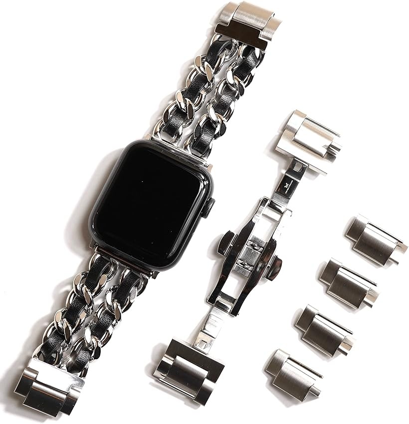 Apple watch 編み込みバンド 40mm 41mm 42mm / バタフライバックル おしゃれ アップルウォッチ 時計 バンド/ステンレス 本革/シルバー ブラック Series (シルバー/ブラック, 40mm 41mm42mm)