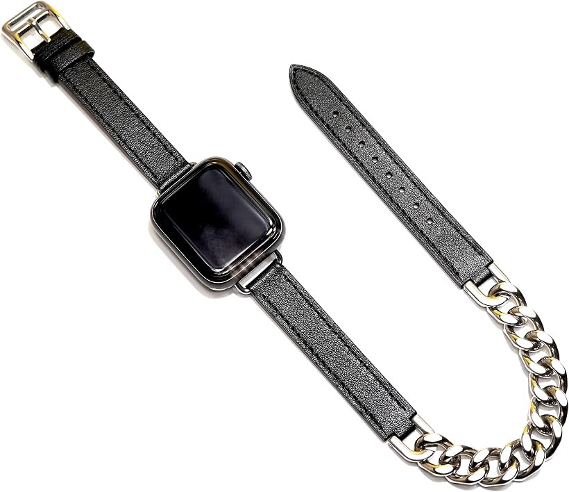 Apple watch チェーン ＆ レザー ベルト 40mm 41mm 42mm おしゃれ アップルウォッチ バンド レザーバンド/ステンレス 本革/シルバー ブラック Series 10 9 (ブラック, 40mm 41mm 42mm)