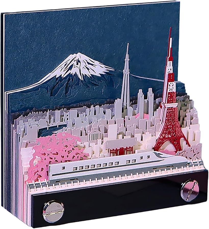 3Dメモパッド 3Dペーパーアート 富士山 東京 メモ帳 ポストノート インテリア デスク オフィス 寝室 プレゼント (ブルー)