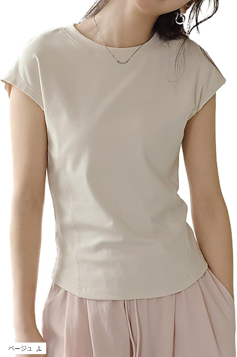 レストレーゲ イタリア製 Tシャツ カットソー 半袖 アップリケ  ゆったりフレンチスリーブ  LE STREGHE【パッチデザインカットソー】〇 フレンチスリーブベーシックカットソー(カットソー・Tシャツ