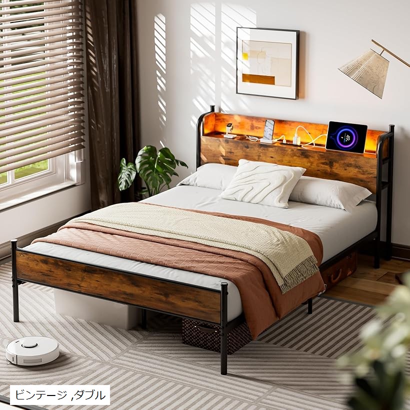 ベッドフレーム シングル パイプベッド コンセント USB充電 RGBライト付き 00-100159-11.jpg