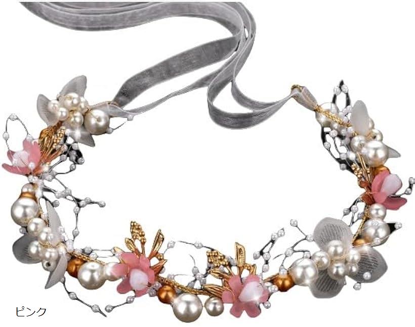 髪飾り結婚式 カチューシャ 女の子 ヘッドドレス ヘアアクセサリー 子供 花嫁 花冠 クラウン フラワー ヘアバンド パーティー パール ウェディング 発表会 入学式 卒業式(ピンク, One Size)画像