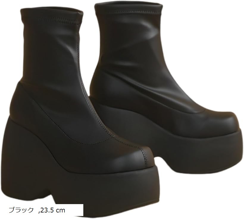 厚底ショートブーツ レディース ストレッチブーツ 11cmヒール 軽量 (ブラック, 23.5 cm)
