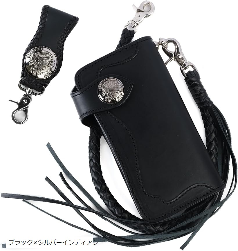 バイカーズウォレット 長財布 ウォレットチェーン ドロップハンドル ベルトループ セット ライダースウォレット レザーウォレット 二つ折り メンズ 本革 アメカジ (ブラック)