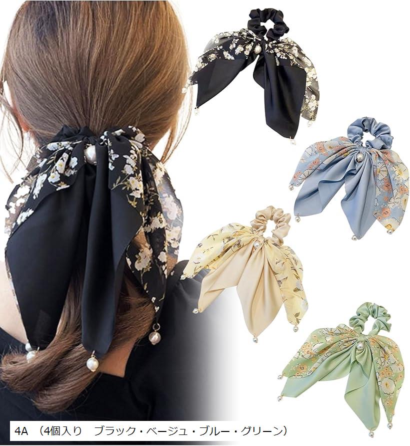 ヘアアクセ　花柄　ブラック　ホワイト　シュシュ　大きめ　リボン 花柄リボンのシュシュ（ブラック）髪飾り ヘアゴム yuyu 通販