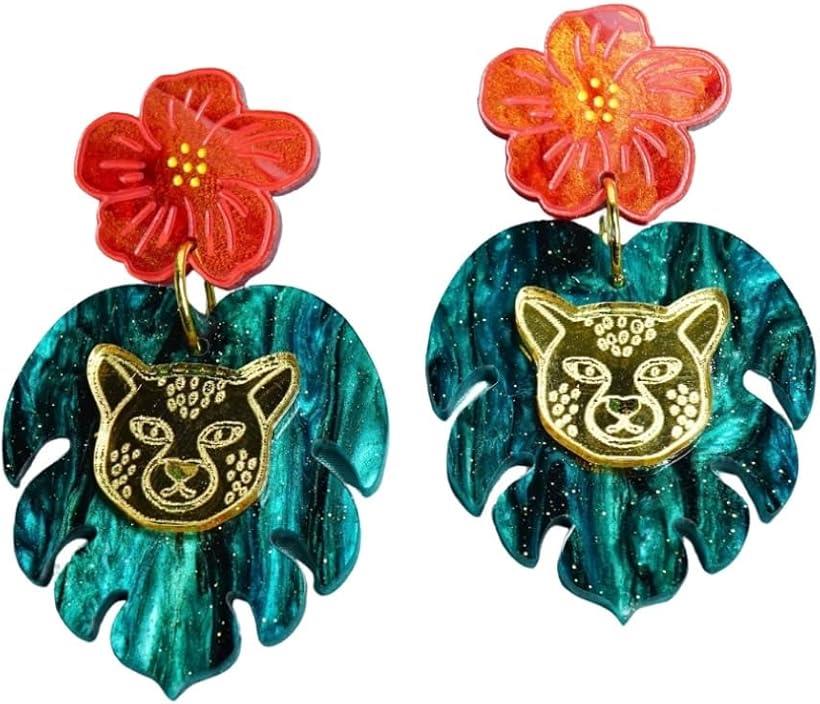 Hibiscus Cheer-tahtah Earrings ハイビスカス チーター 南国 ピアス セット オーストラリア メルボルン(赤、緑、金)