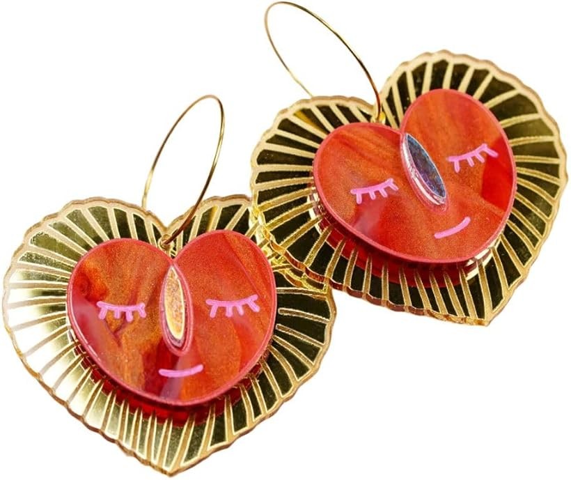 Sacred Heart Earrings 手描き模様と煌めくミラーの個性派 ハート ピアス セット オーストラリア メルボルン(赤、金)