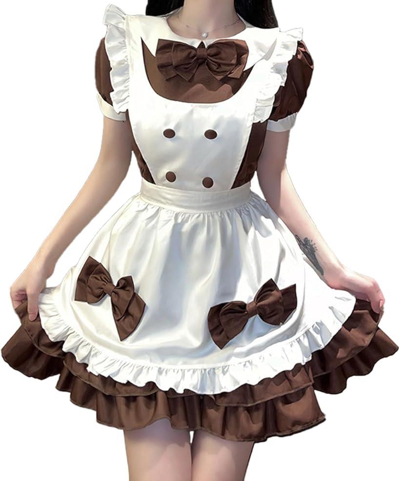 バレンタイン コスプレ ブラウン リボン メイド服 カチューシャ付き チョコレート ドレス (ホワイト, Free Size)画像