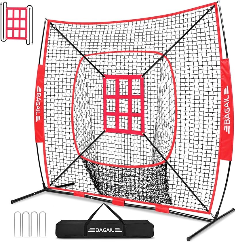 BAGIL野球ネット ベースボールネット 練習用 バッティングネット ピッチングネット スチール製 野球器具 硬式/軟式対応 打撃 投球 防球ネット ソフトボール練習ネット トレーニング 室内 (レッド(丸穴), 212x212x108)