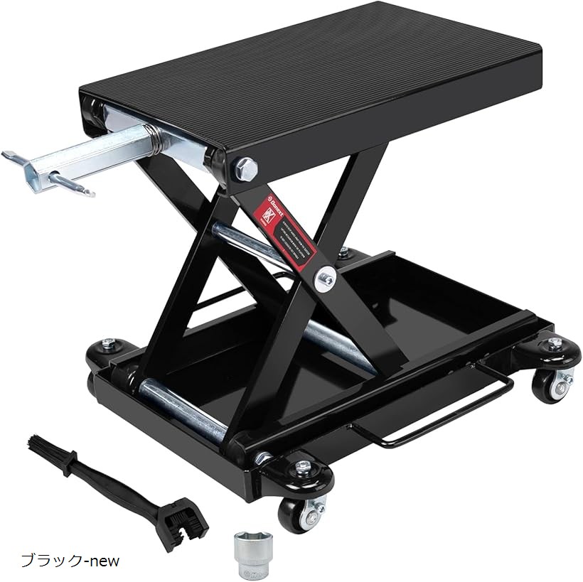 【ランキング1位入賞】バイクジャッキ バイクリフト リフトドーリー 耐荷重500kg ソケット付 ゴムマット付 キャスター付 3面チェーンブラシ付き (ブラック-new)