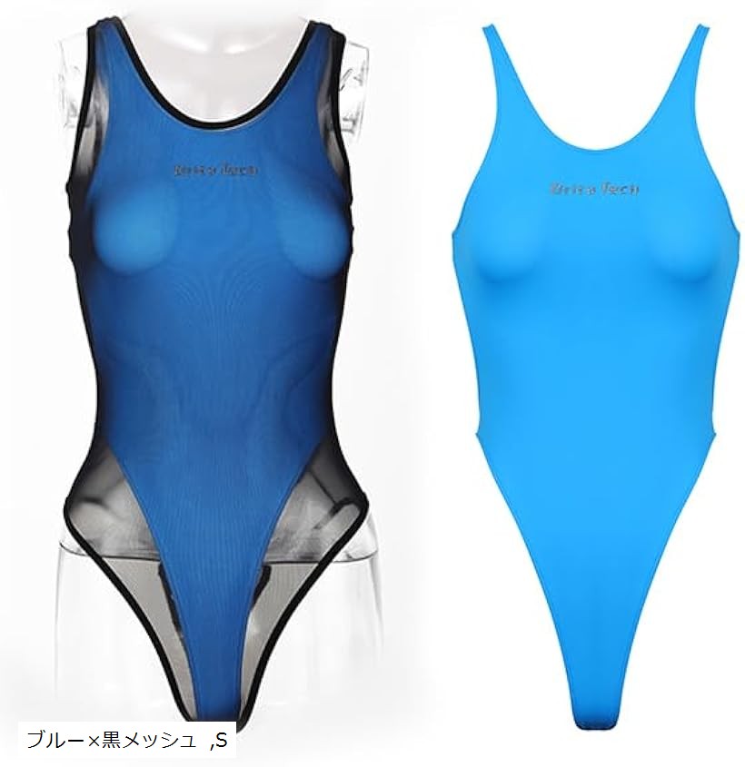 シースルーメッシュワンピース水着 競泳水着 レオタード セクシー コスプレ コスチューム (ブルーx黒メッシュ, S)