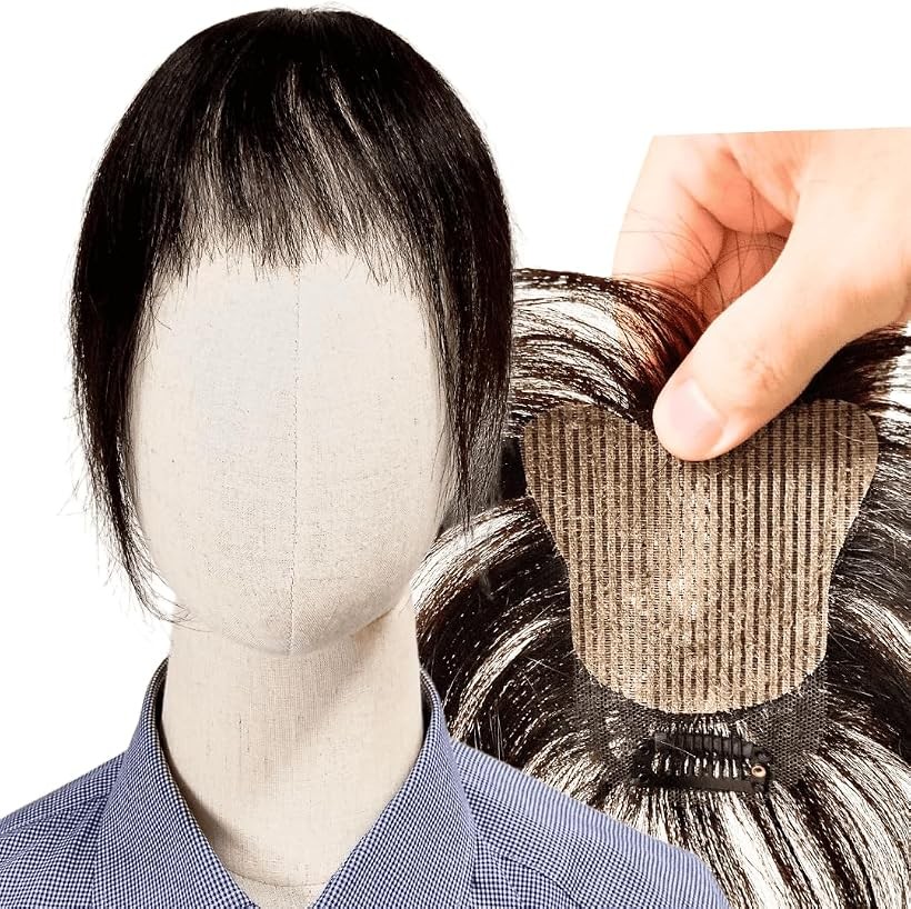 ピンなし 部分ウィッグ 頭頂部 白髪隠し ピン不要 リタッチ 分け目 人毛100% ヘアピース 女性用 手植え トップピース つけ毛 増毛 軽量 自然 (ナチュラルブラック， 前髪カット, 6x8cm， ピン付き)