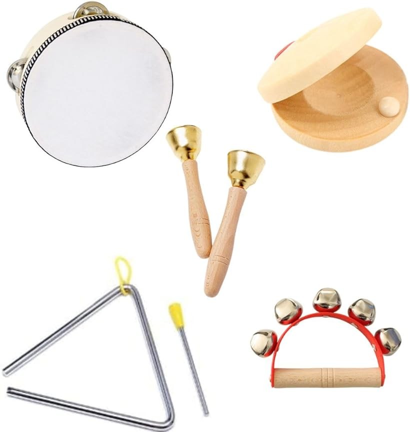 5 Piece Percussion Instrument Set, Tambourine, Castanets, Hand Belts, Triangle, Jingle Bells, Percussion Instruments for Beginners, Music Education and Recreation (Set of 5)