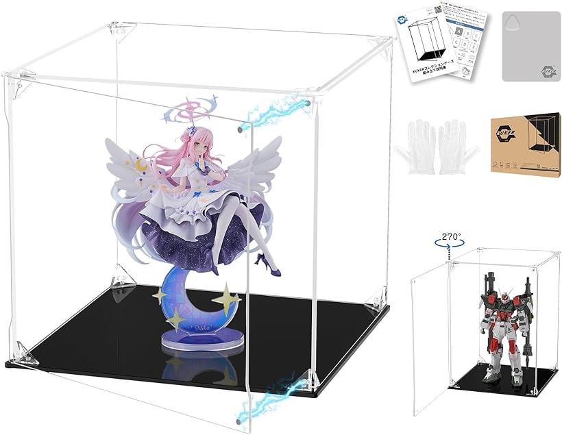 フィギュアケース UVカット アクリルケース マグネット付き 前扉 コレクションケース ディスプレイケース ショーケース 組み立て式 防汚れ 手袋 クリーニングクロス付き (台座黒, 幅30x奥行30x高さ30cm)
