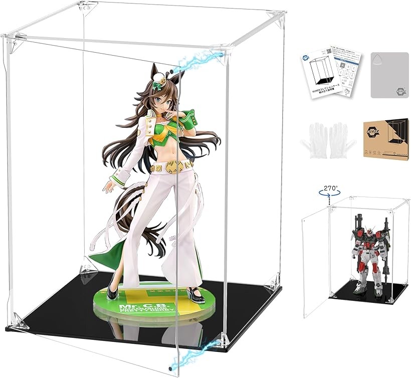 フィギュアケース UVカット アクリルケース マグネット付き 前扉 コレクションケース ディスプレイケース ショーケース 組み立て式 防汚れ 手袋 クリーニングクロス付き (台座黒, 幅25x奥行25x高さ35cm)
