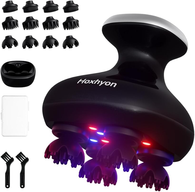 ヘッドスパ 電動頭皮ブラシ クリスマス赤青W光搭載 3D振動 頭皮洗浄 頭皮エステ スカルプケア 顔 全身適用 リラクゼーション器 自宅サロン お風呂 IPX7防水 低騒音設計 収納ケース付 美容家電 誕生日 プレゼント (ラメ入りブラック)