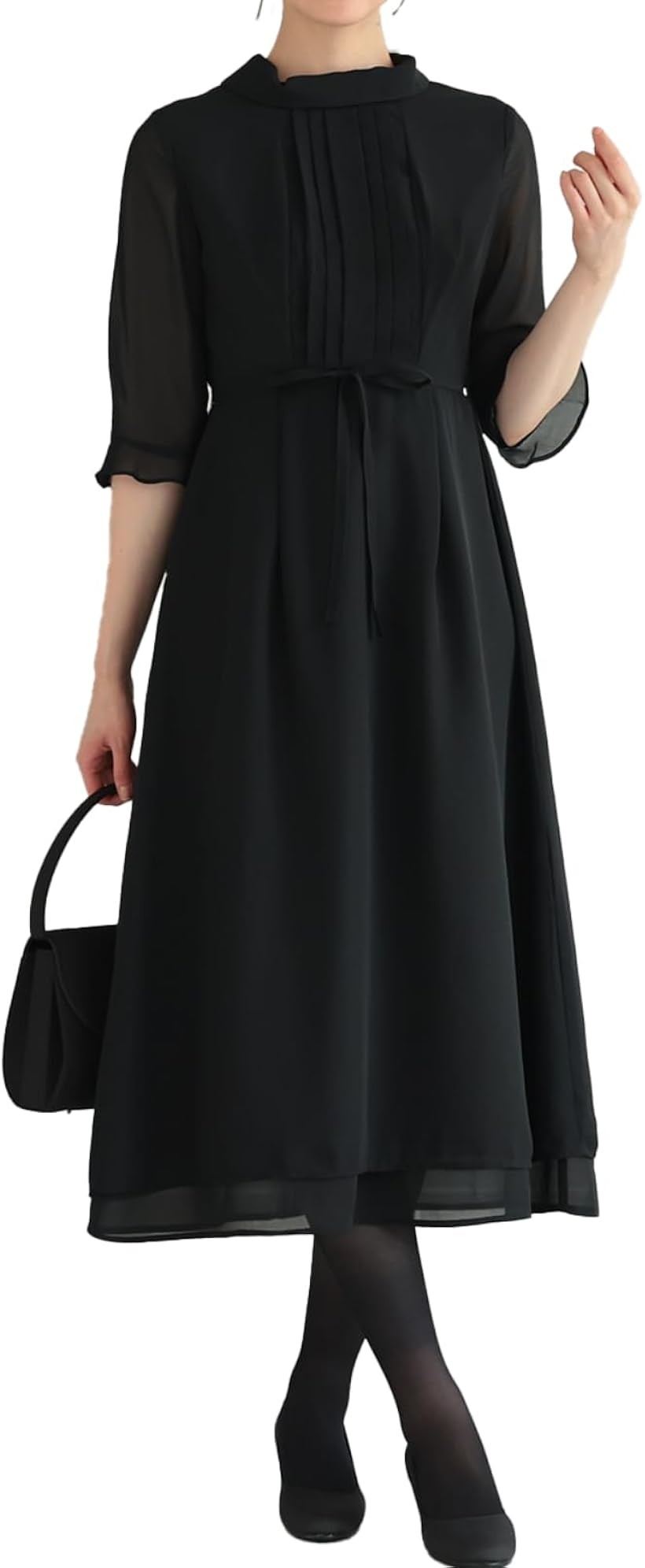 ブラックフォーマル レディース ワンピース ドレス 五分袖 喪服 スカート 礼服 冠婚葬祭 (ブラック / 322188, M)|ホリック