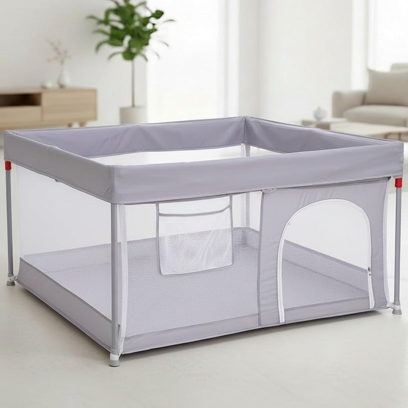 Hugmuu ハグムー ライトベビーサークル 折りたたみ メッシュ 正方形 120x120cm 軽量 洗える 組立簡単 (グレー)｜ホリック