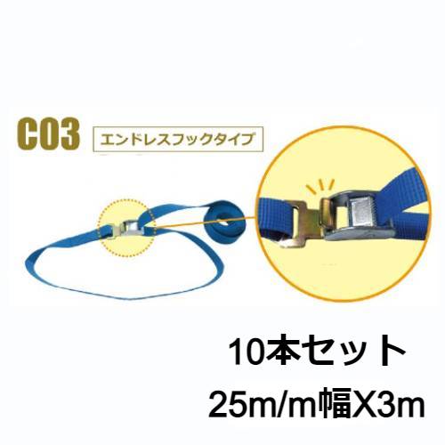 荷締めベルト 25mm幅 3m 10本 荷重150Kg 0.15t ラッシングベルト エンドレスタイプ 運搬 トラック 地震対策 落下防止 C03K 000-KB030A N形 カムバックル式 テザック