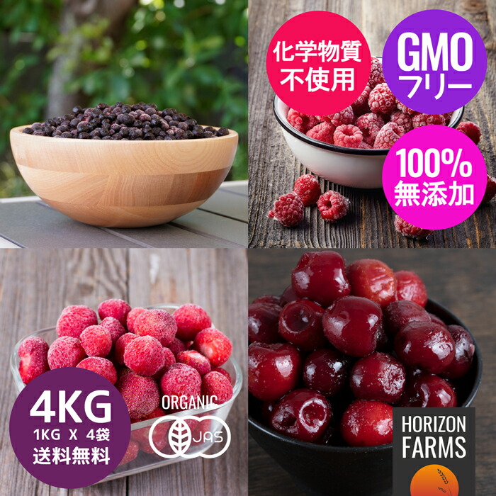 有機 JAS オーガニック フルーツ 冷凍 ベリー & チェリー セット 1kg x 4パックセット 合計4kg 無添加 冷凍フルーツ 砂糖不使用 ワイルドブルーベリー ラズベリー  ストロベリー いちご ダークスイートチェリー 送料無料 ギフト オーガニックフルーツ ギフトセット