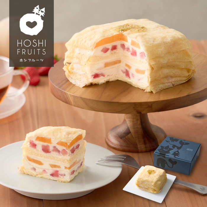 【数量限定】ホシフルーツ　桃と苺のミルクレープＫａｓａｎｅ【送料無料】 ＜メッセージカード・熨斗無料！スイーツ デザート ギフト お取り寄せ フルーツ 冷凍ケーキ ケーキ ホールケーキ 誕生日ケーキ スクエア形 直径14cm もも いちご カスタード＞